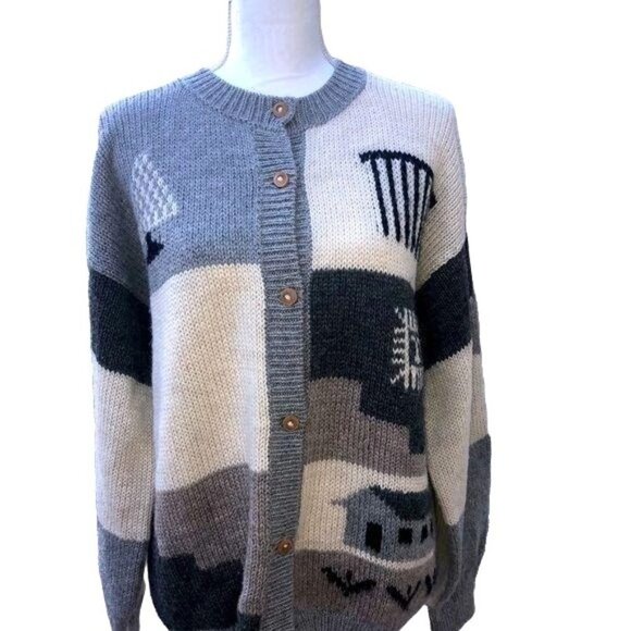 Unbranded Sweaters - Vintage Wool Cardigan Womens Chunky Wooden Buttons Gray White Crew Neck Abstract